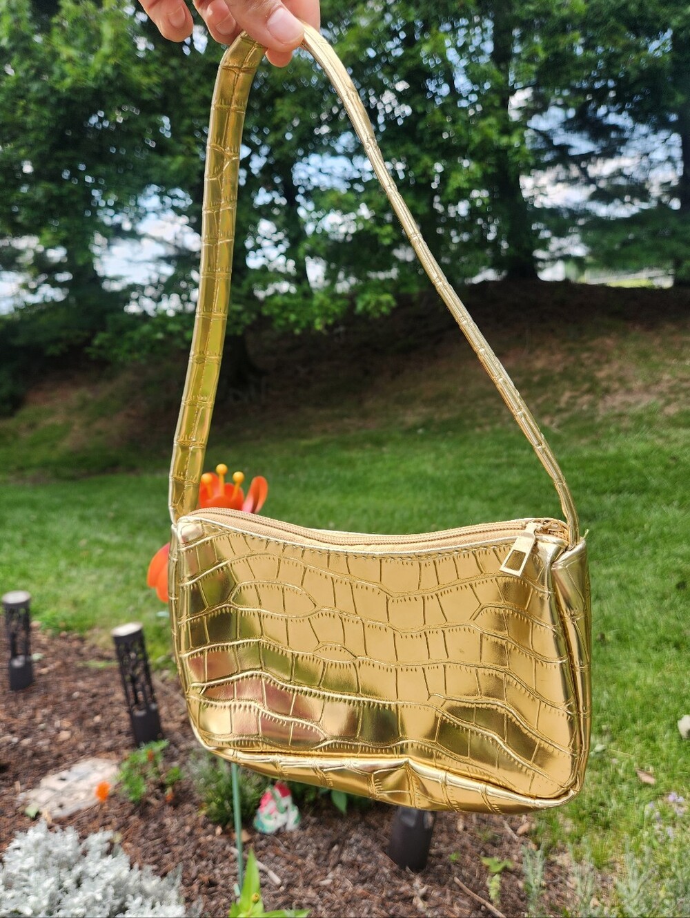 "Cha- Ching" Gold Croc-Embossed Shoulder Bag